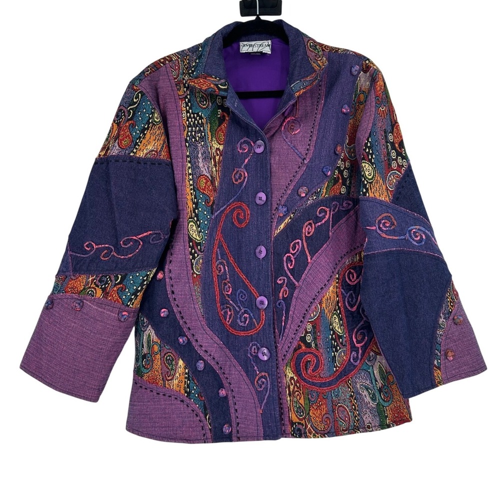 Silverstream VTG Paisley Patchwork Tapestry Jacket Purple Cotton O/S Art to wear